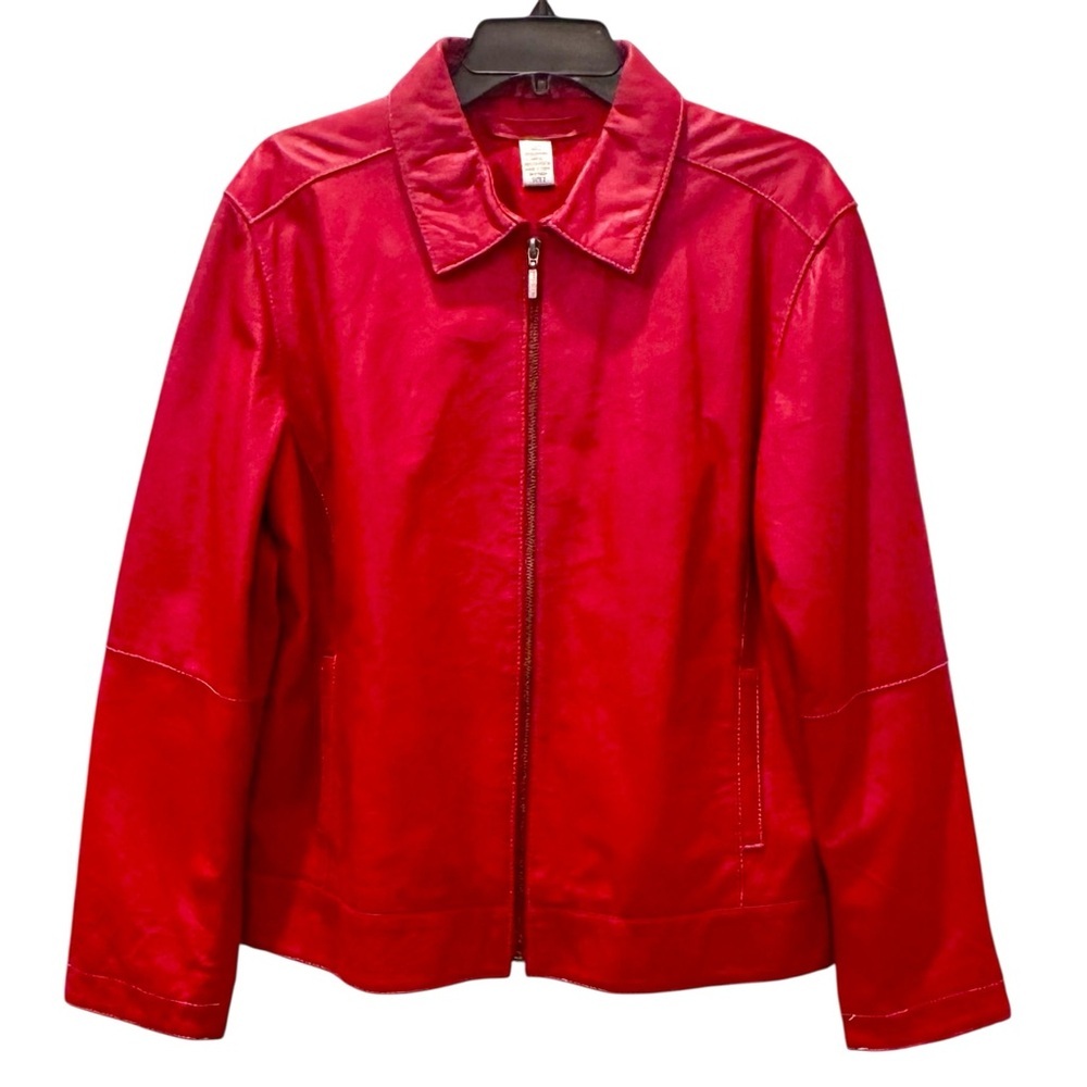 Chico’s Red Buttery Soft Crinkle Leather Fully Lined Zip-Up Jacket